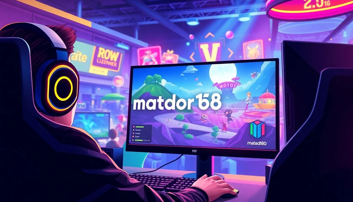 Bermain matador168 dalam suasana gamer yang bersemangat dengan karakter animasi berwarna-warni.