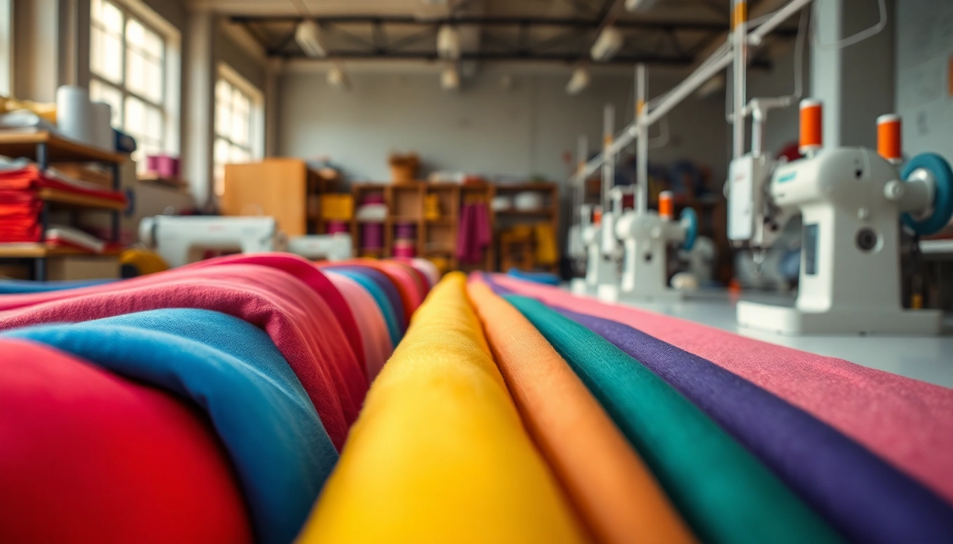 Katoen stofrollen in een textielwerkplaats met levendige kleuren en een uitnodigende sfeer.