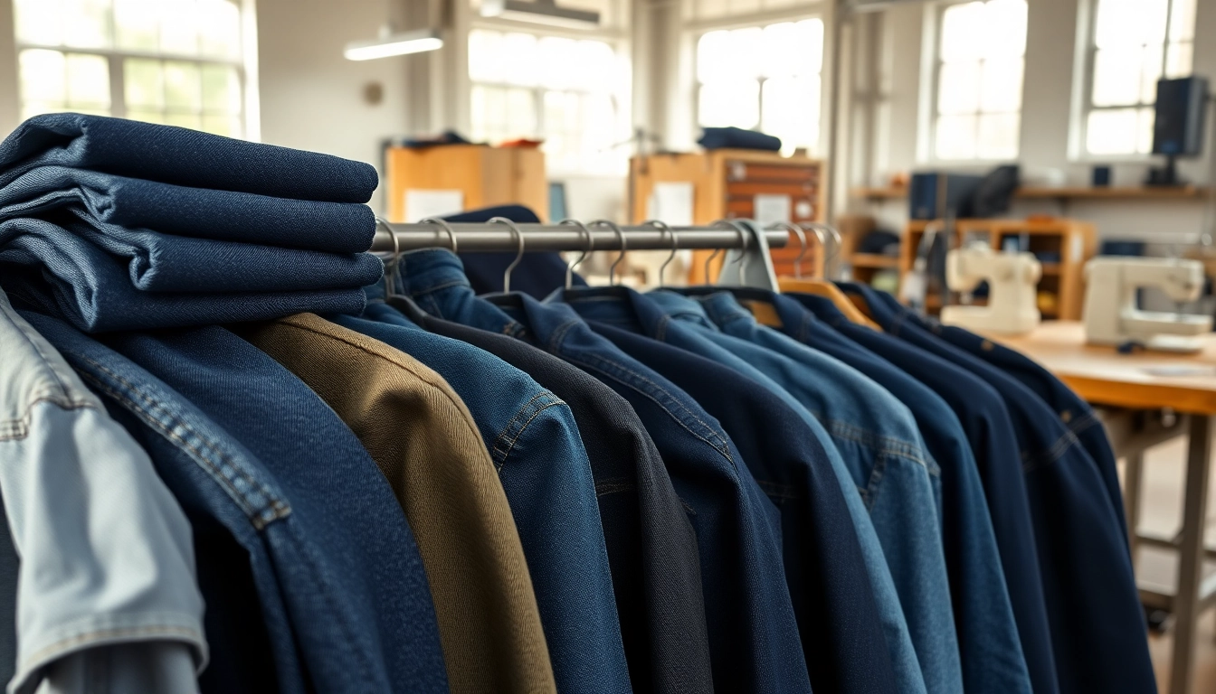 Showcase of jeans fabric manufacturers offering diverse denim options in a vibrant workshop setting.