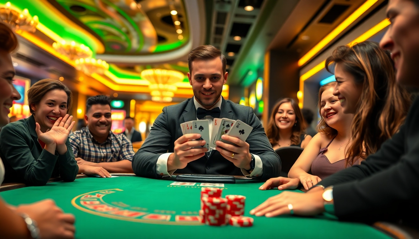 Engaging live dealer gaming with players enjoying slots and blackjack.