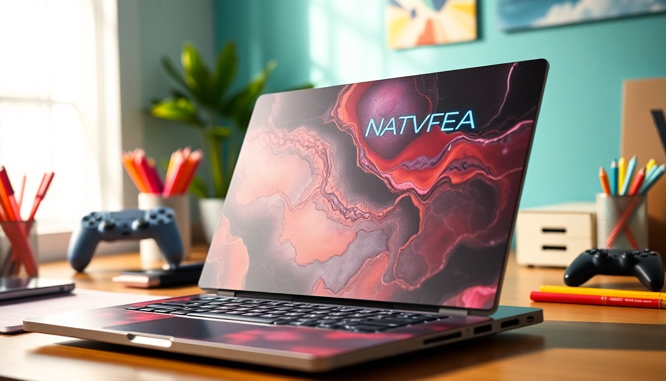 Discover stylish laptop skins enhancing a modern workspace with vibrant designs and textures.