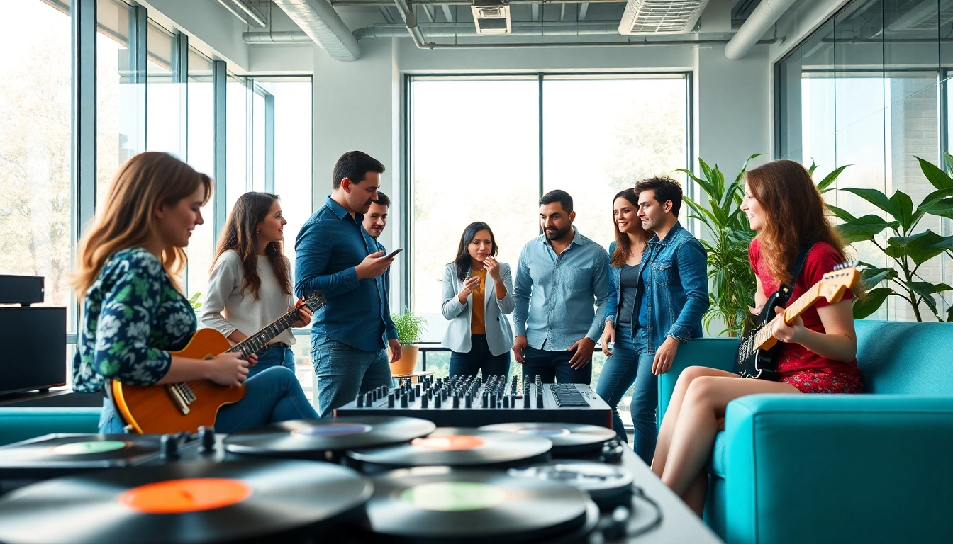 Collaborative team at a music PR agency brainstorming innovative strategies in a bright and modern office.