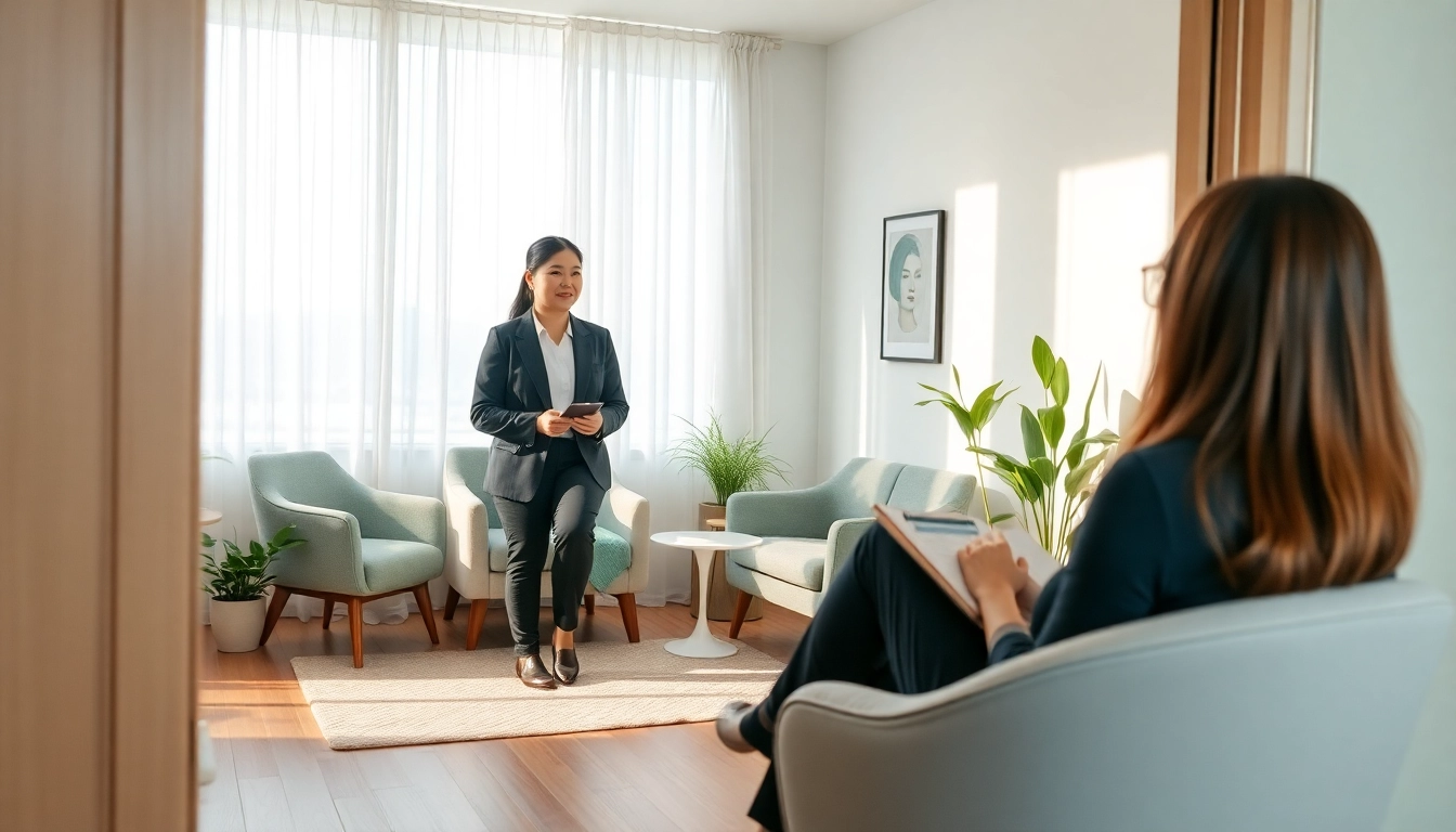 Engaging therapy session for depression in a soothing office atmosphere.