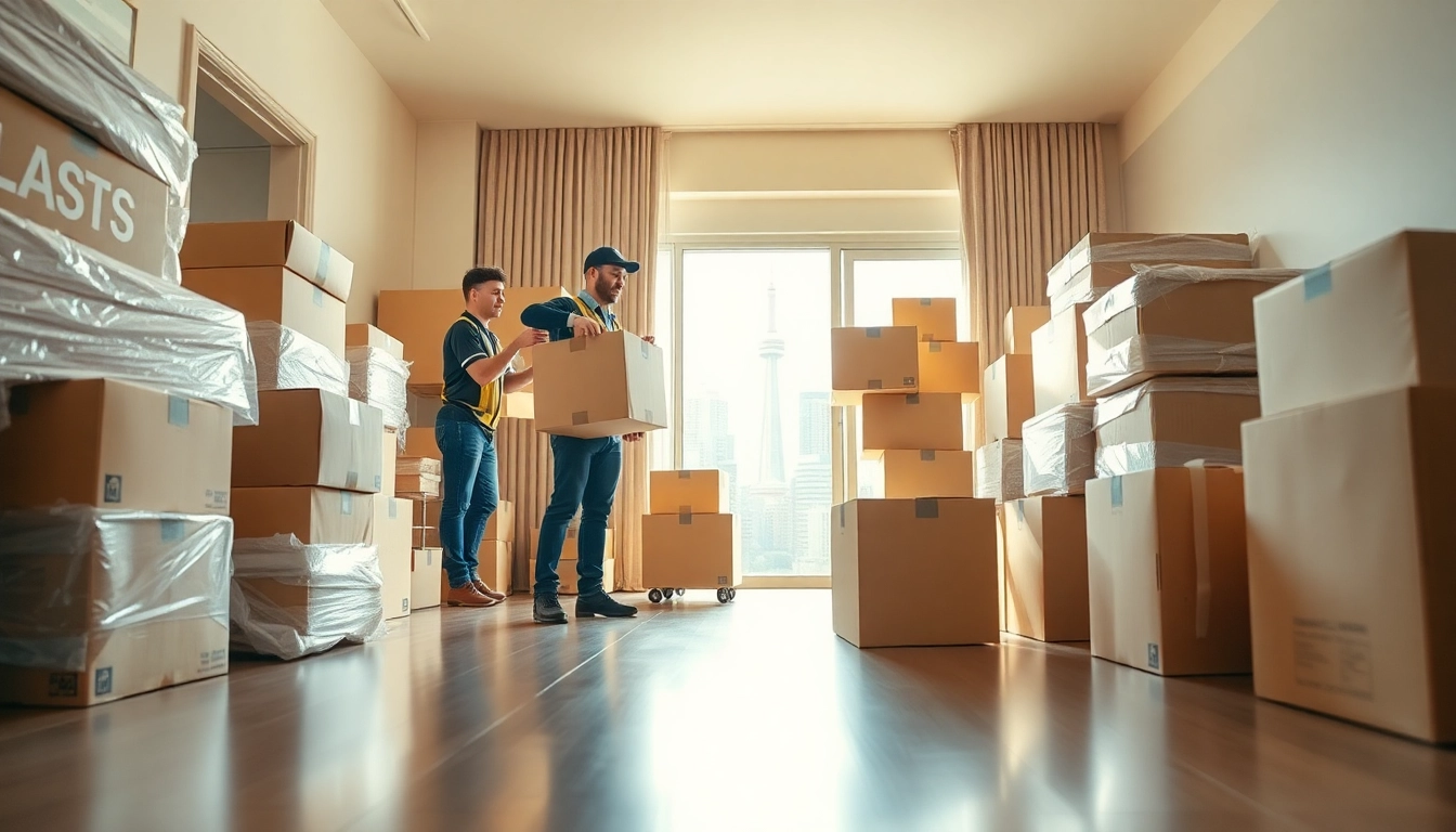 Movers providing Toronto moving services efficiently packing items in a bright, organized urban apartment.