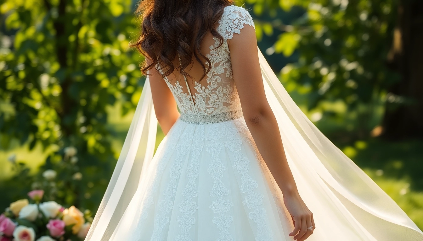 Fit and Flare Wedding Dresses beautifully showcased in a serene outdoor setting, highlighting intricate lace details.