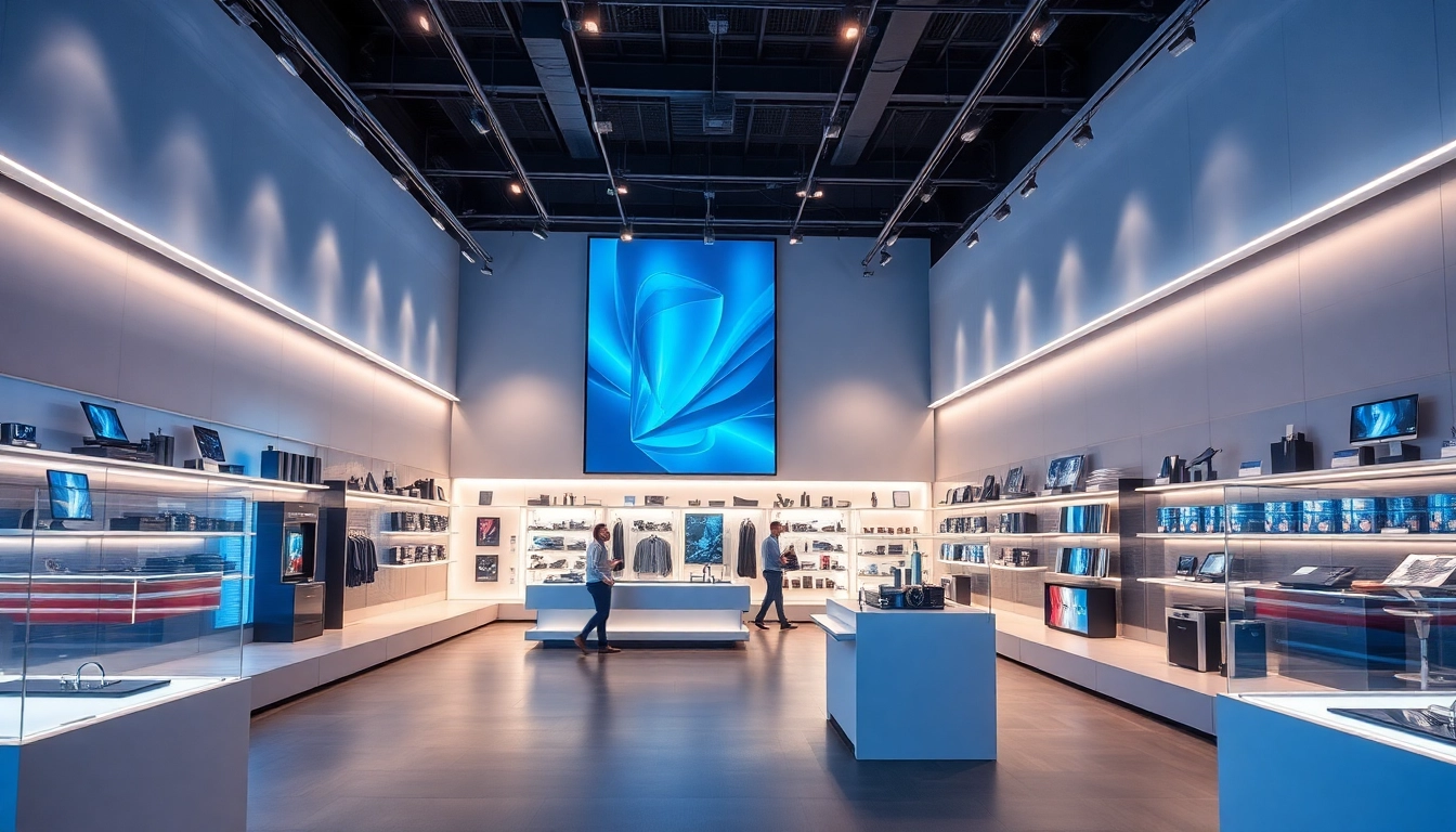 Mayorista tecnológico exhibiendo productos electrónicos innovadores y bien organizados.