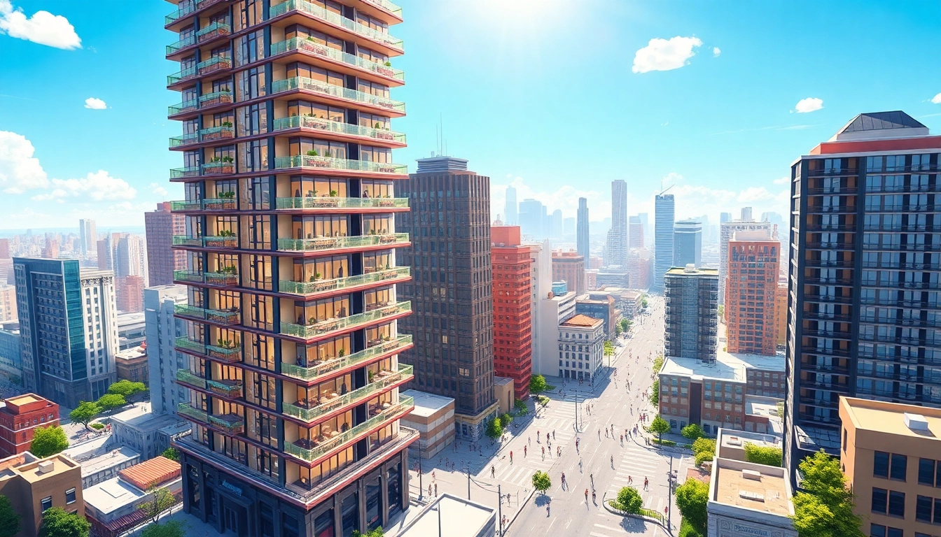 Build and manage your dream tower in the engaging sim tower game, showcasing a lively urban scene.