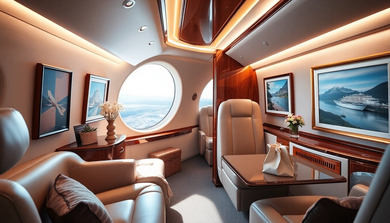 Experience luxury private jet rental with elegant cabin interiors and scenic views.