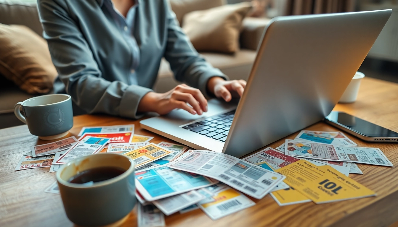 Coupons scattered on a table as a person shops online for discounts.