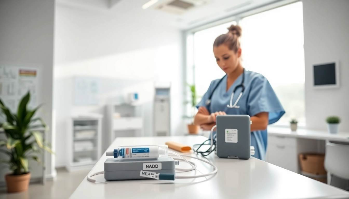 Administering nad iv infusion by a professional nurse in a bright clinic setting.