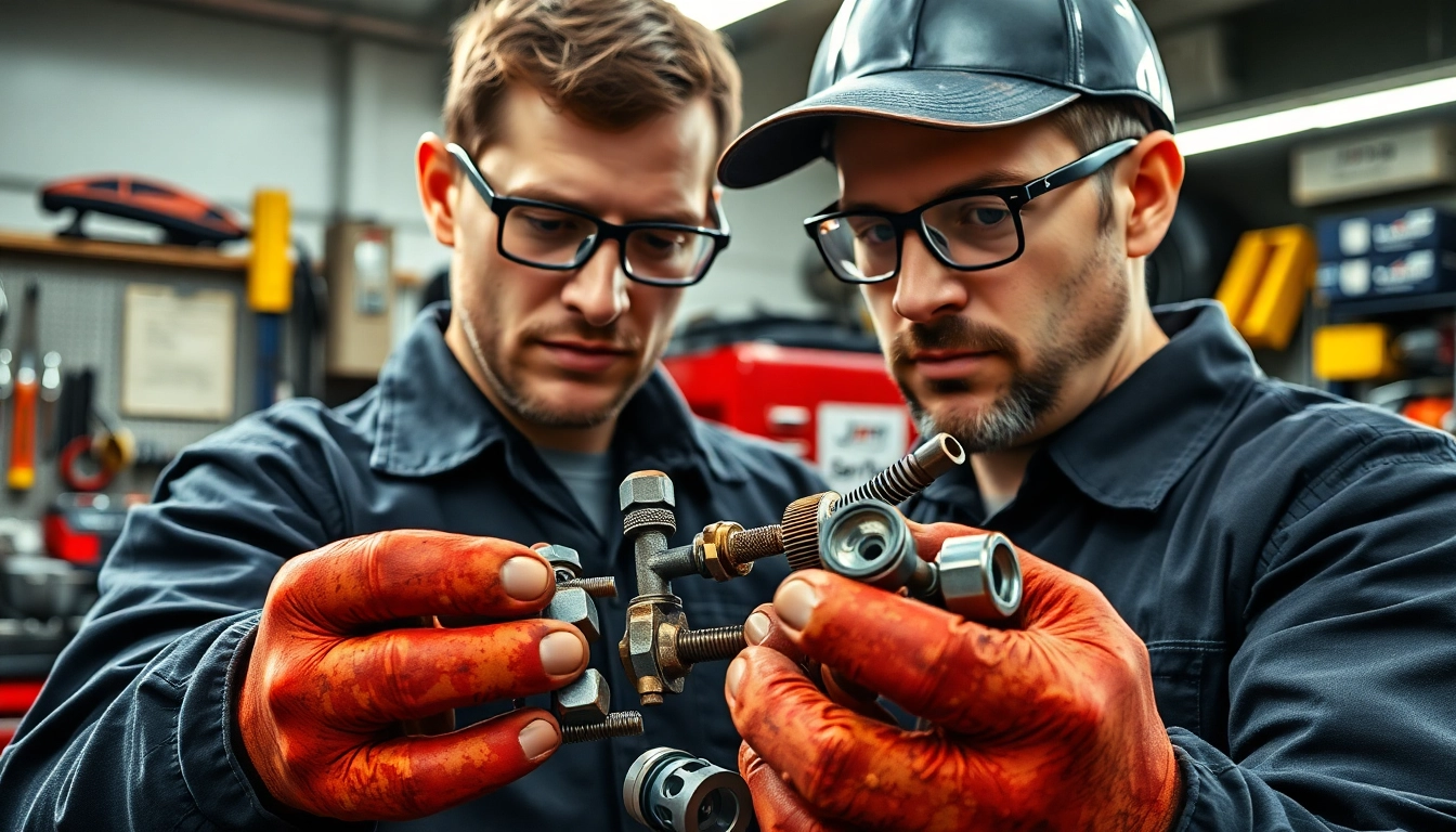 Inspecting Jerr Dan Parts in a professional workshop with tools and equipment.