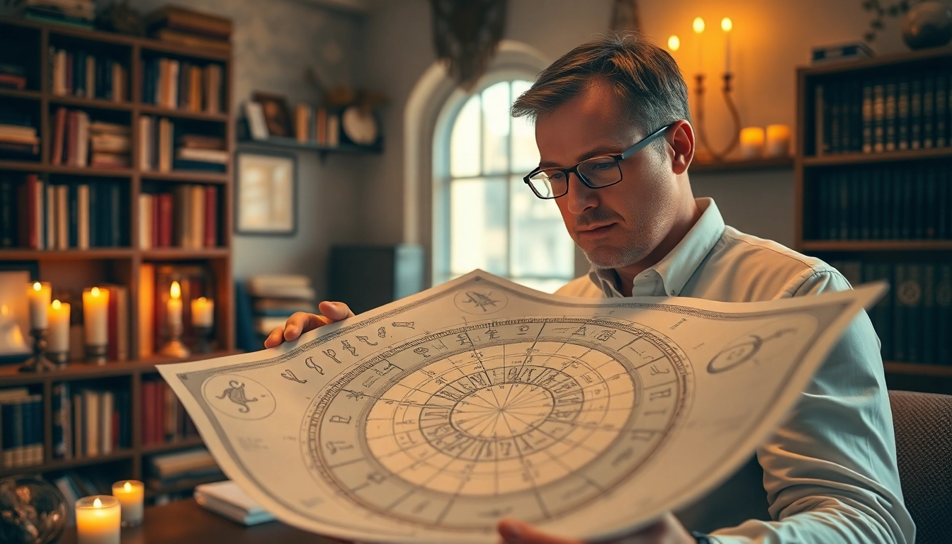 Erhalte persönliche horoscopes, während ein Astrologe sein Sternendiagramm analysiert.