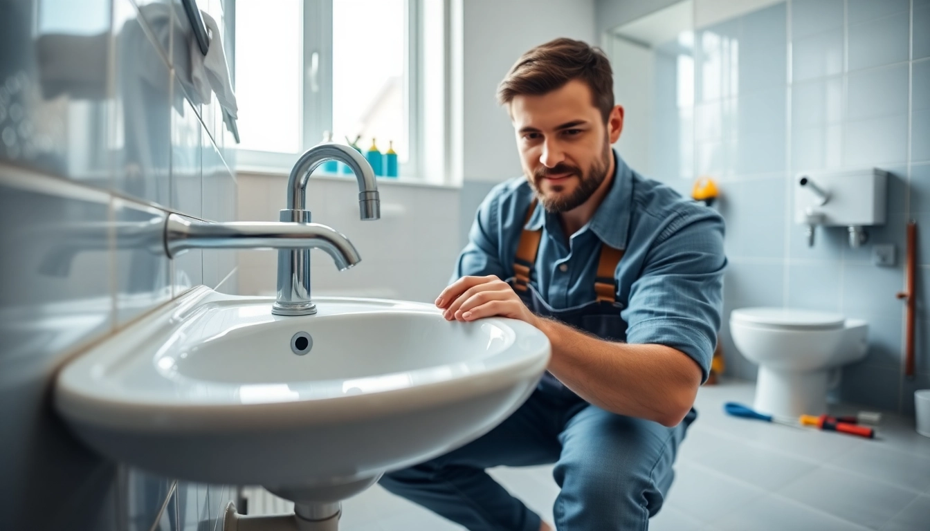 Plumber in Bristol professionally repairing a sink in a modern bathroom setting.