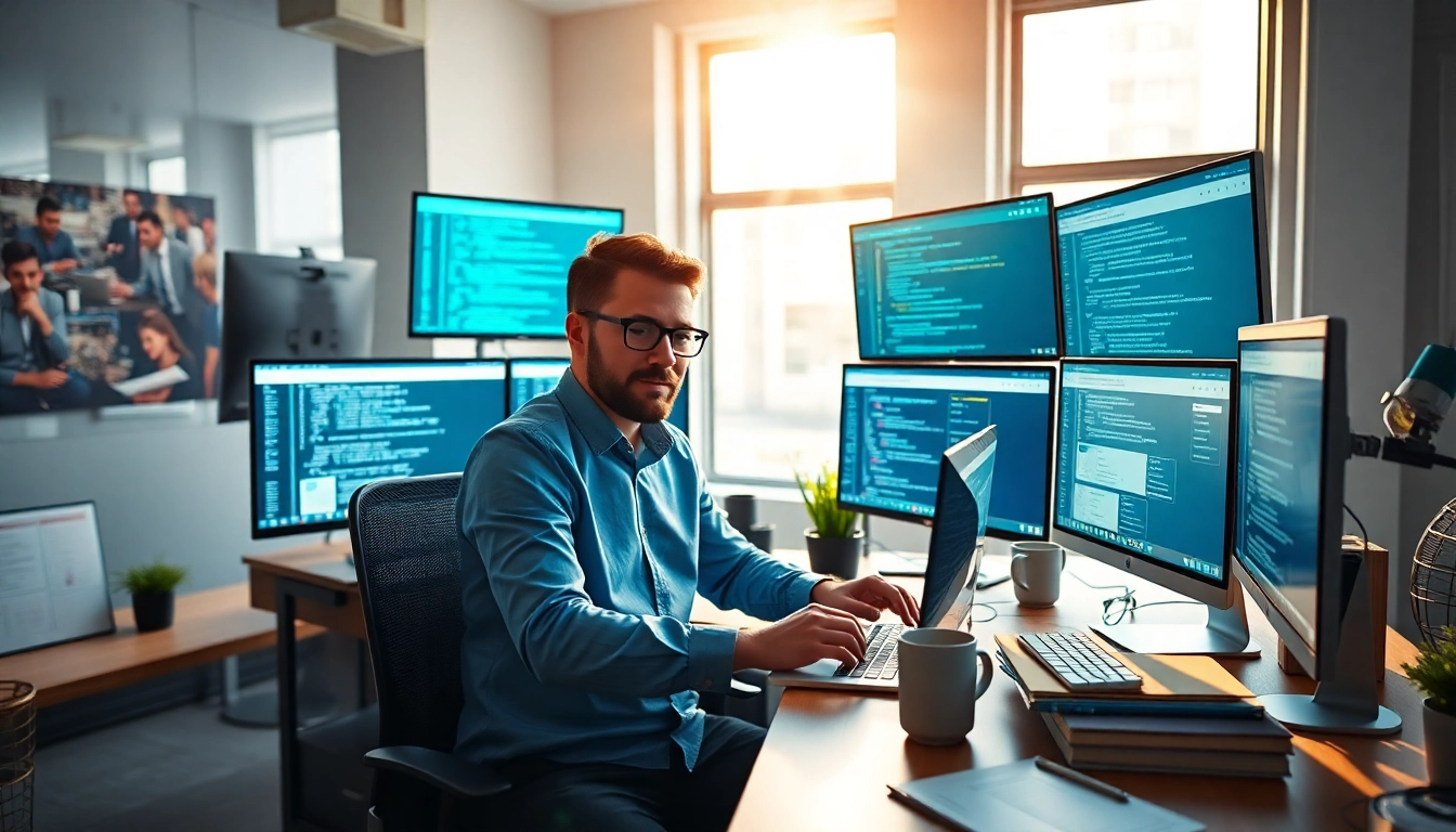 Hire a skilled wordpress developer near me in a contemporary office, focused and showcasing expertise.