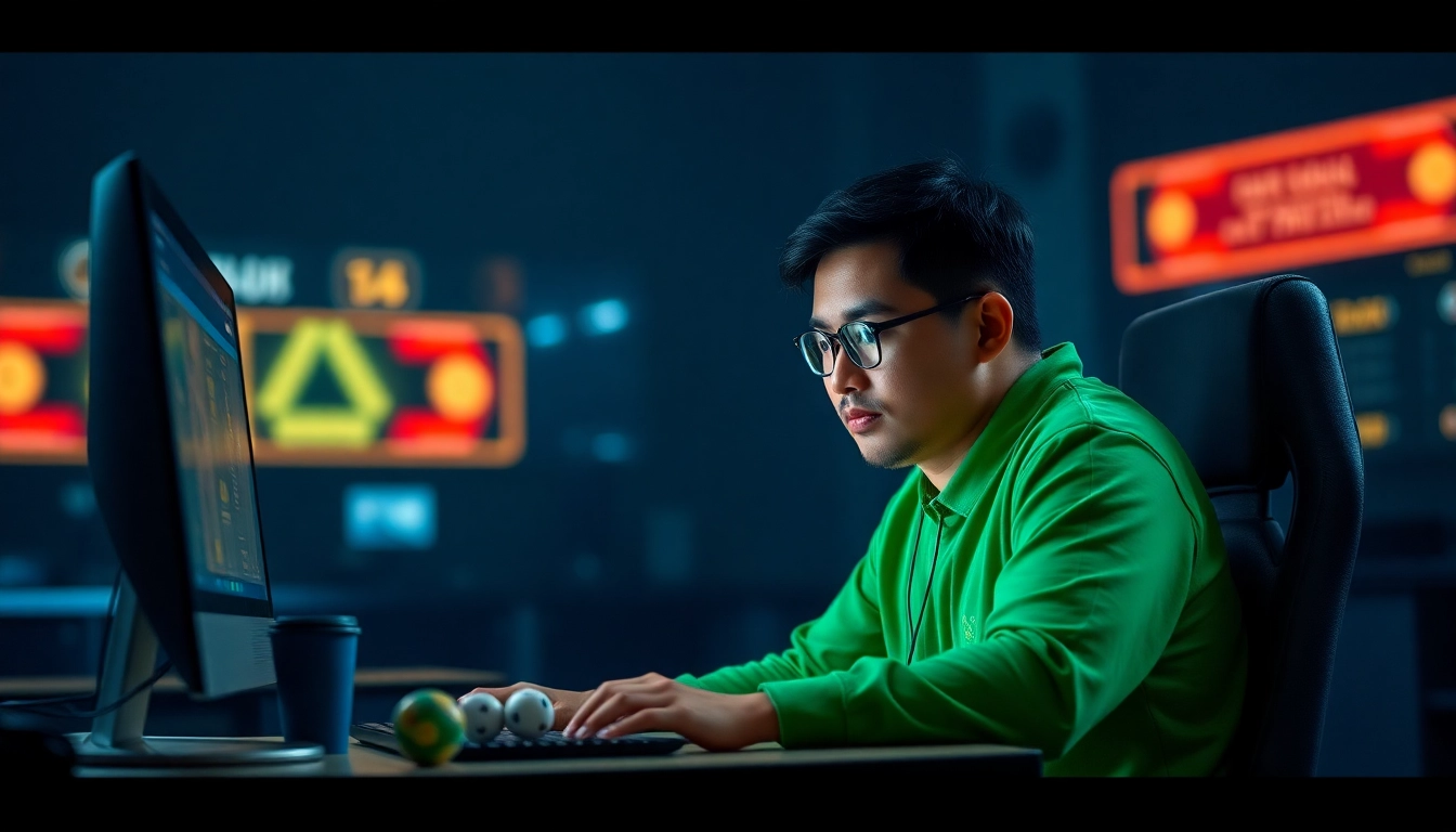 Menampilkan seorang pemain goltogel yang fokus pada analisis angka dan peluang permainan.