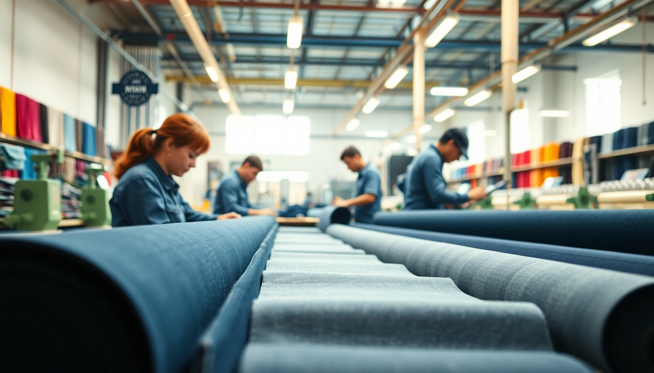Showcasing jeans fabric manufacturers collaborating in a vibrant textile environment.
