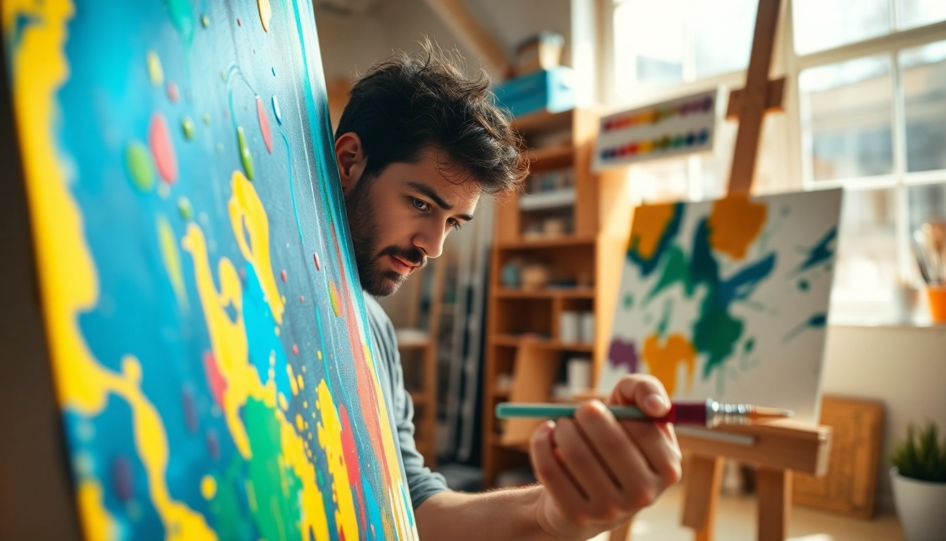 Maak een kleurrijke canvas schilderij in een gezellige studio.