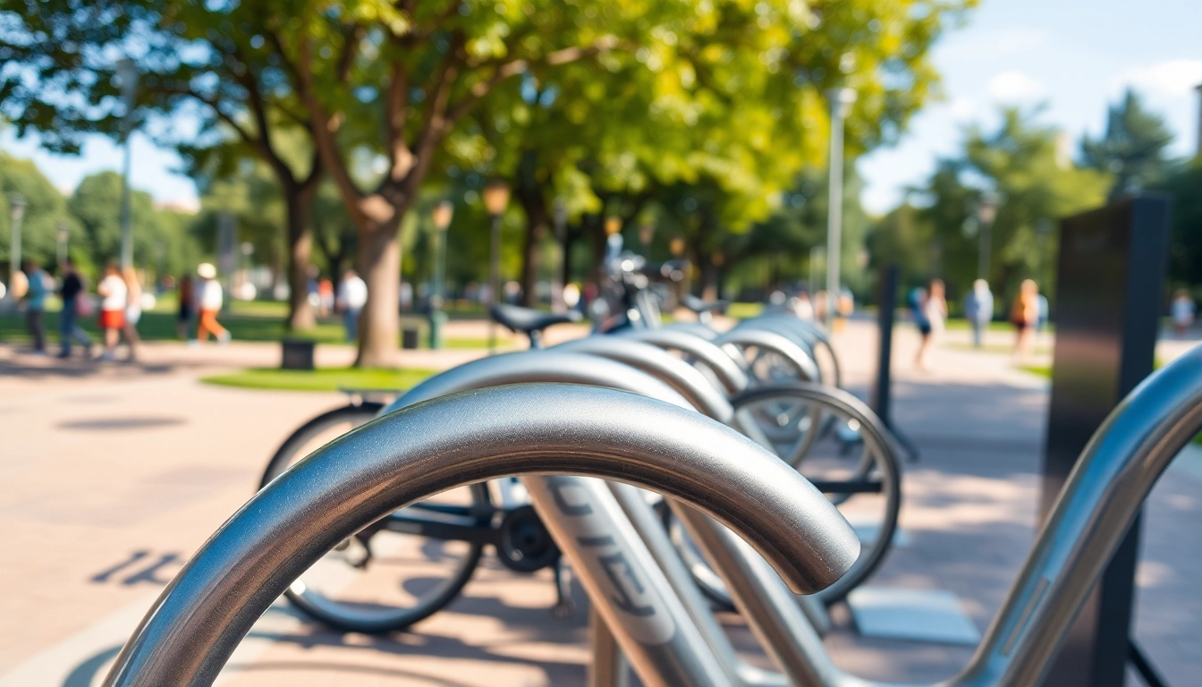 A stylish designer bike rack supports multiple bicycles in a vibrant park, showcasing modern design.