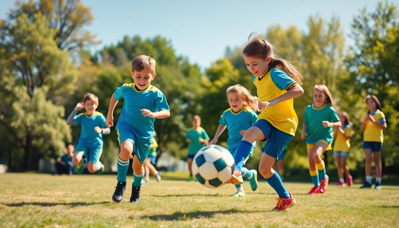 Kids Football Kits showcased during an exciting match in a vibrant park, highlighting active play.