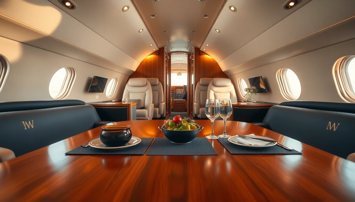 Experience luxury private jet rental with an elegant interior showcasing rich textures and inviting atmosphere.