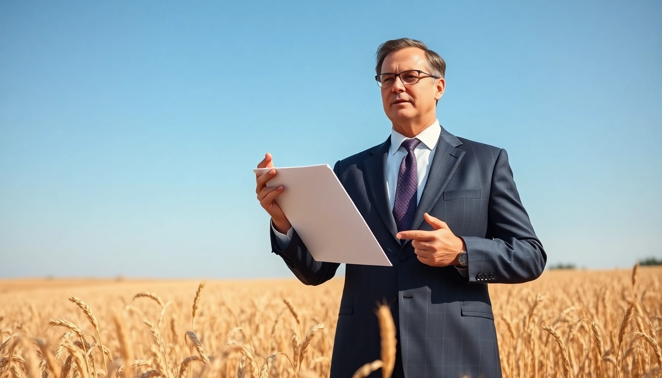agriculture lawyer standing in a wheat field, ready to assist clients with legal matters.