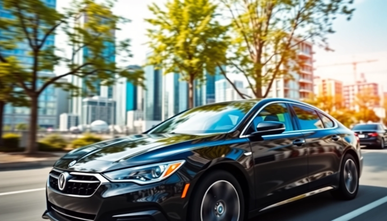 Experience luxury with our car service vancouver, featuring a sleek black car amid Vancouver's iconic scenery.