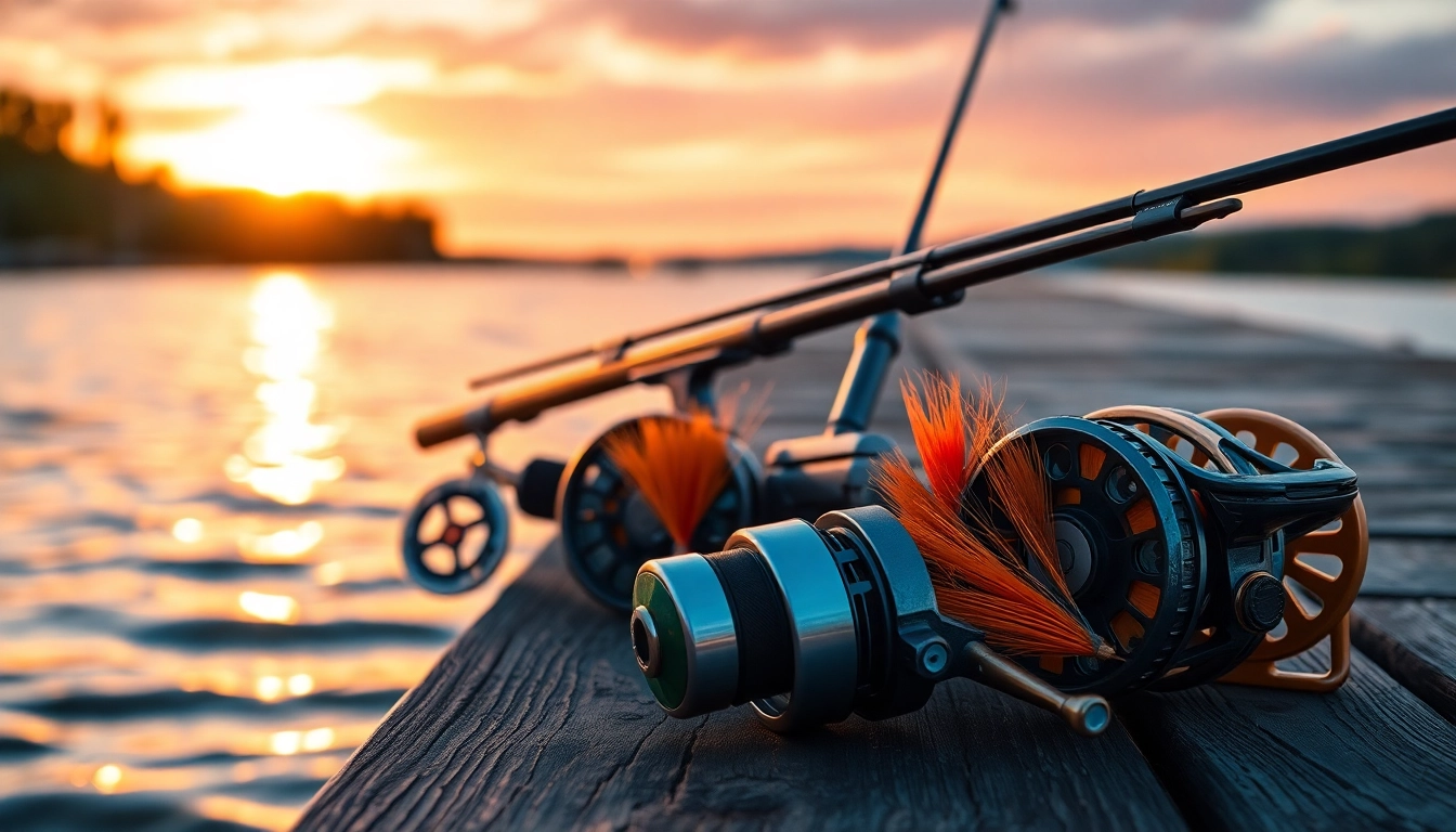 Showcase the Fly fishing kit against a picturesque sunset, emphasizing adventure and tranquility.