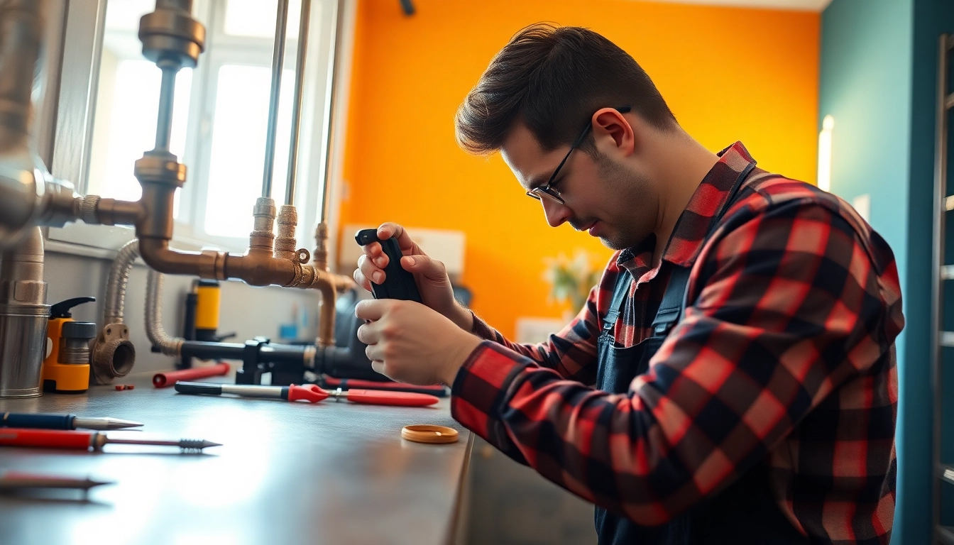 Resolve plumbing issues with a skilled plumber inspecting pipes and tools in a bright setting.