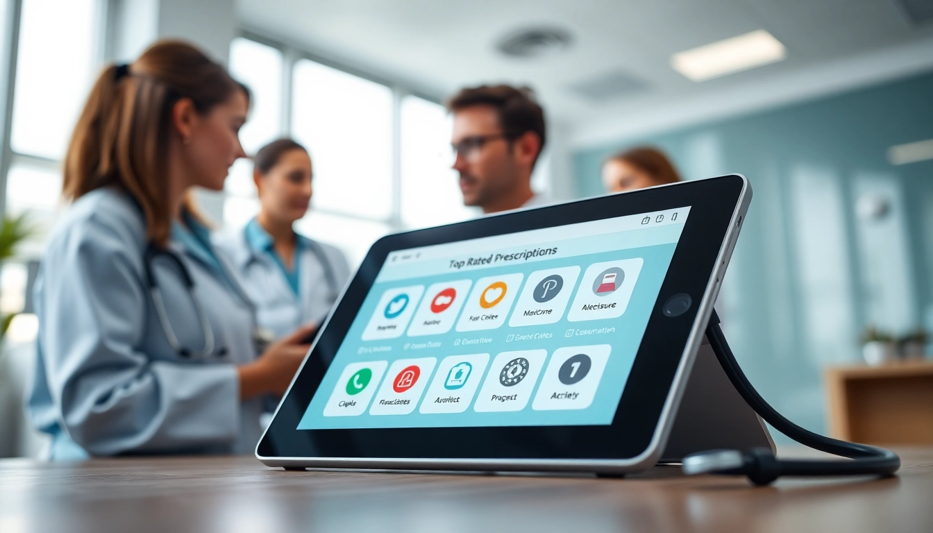 Showcasing top rated prescription applications on a tablet in a clinical setting.