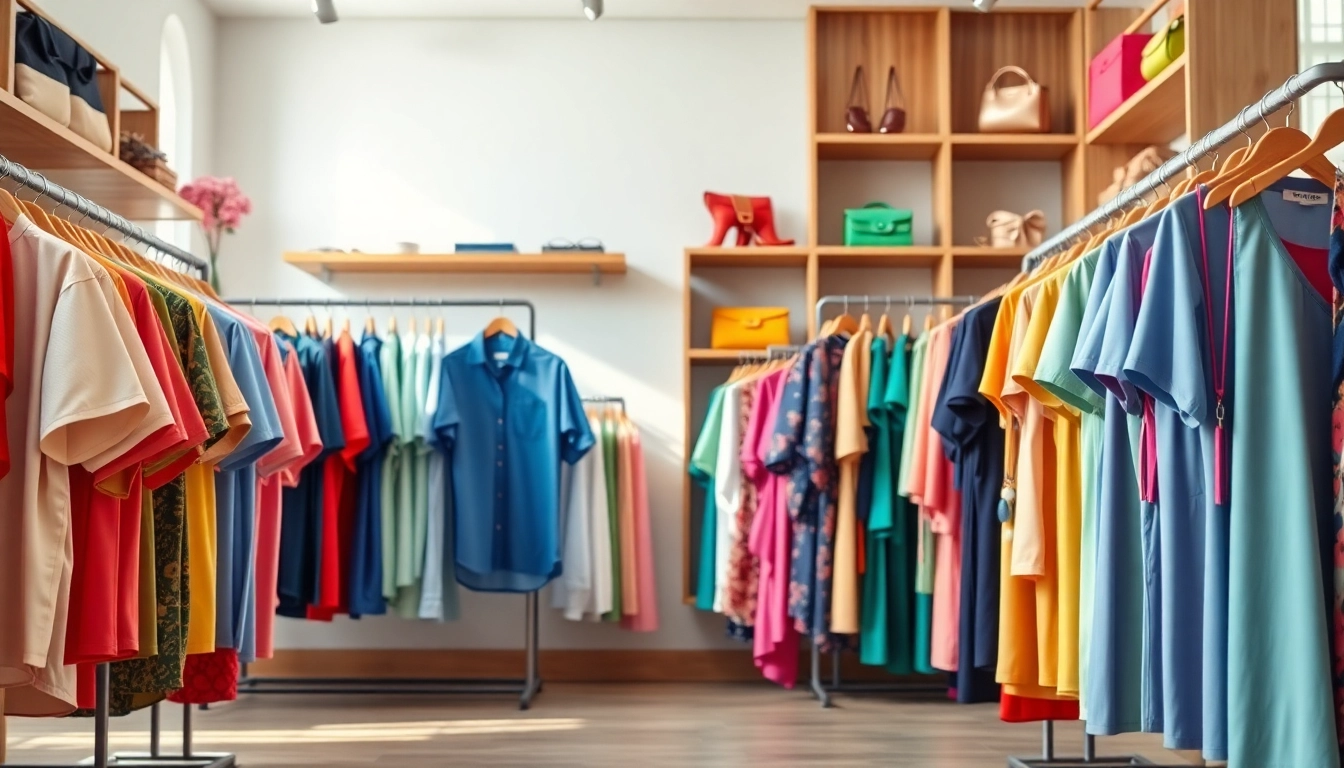 Showcase vibrant apparel in a modern boutique highlighting stylish clothing options.