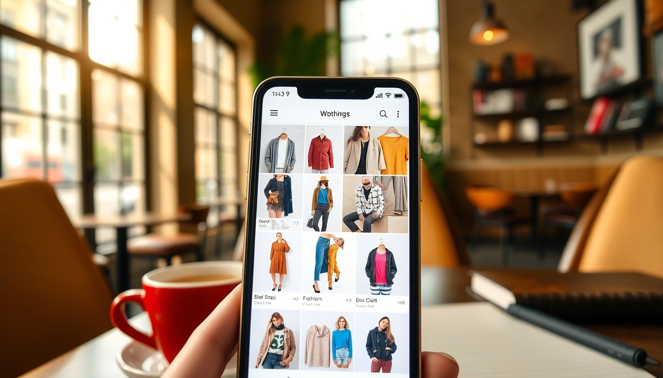 Interact with a fashion app showcasing trendy outfits from a smartphone in a stylish café.