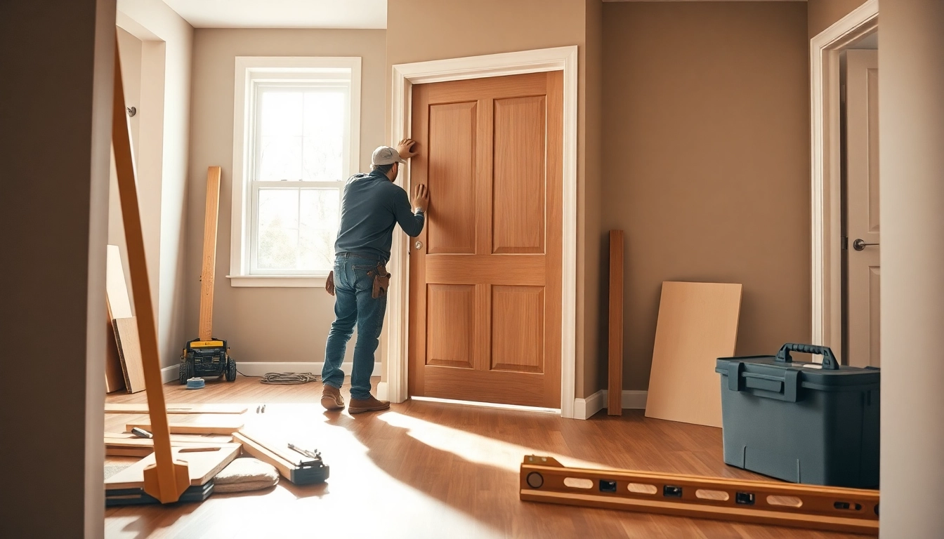 Efficient door replacement Portland Oregon with a professional contractor installing a modern door.