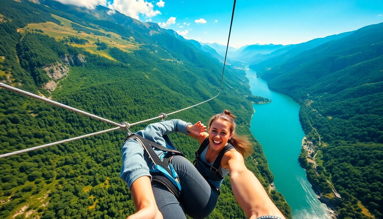 Vrhunska izkušnja Bovec zipline s panoramskim pogledom na naravno pokrajino.
