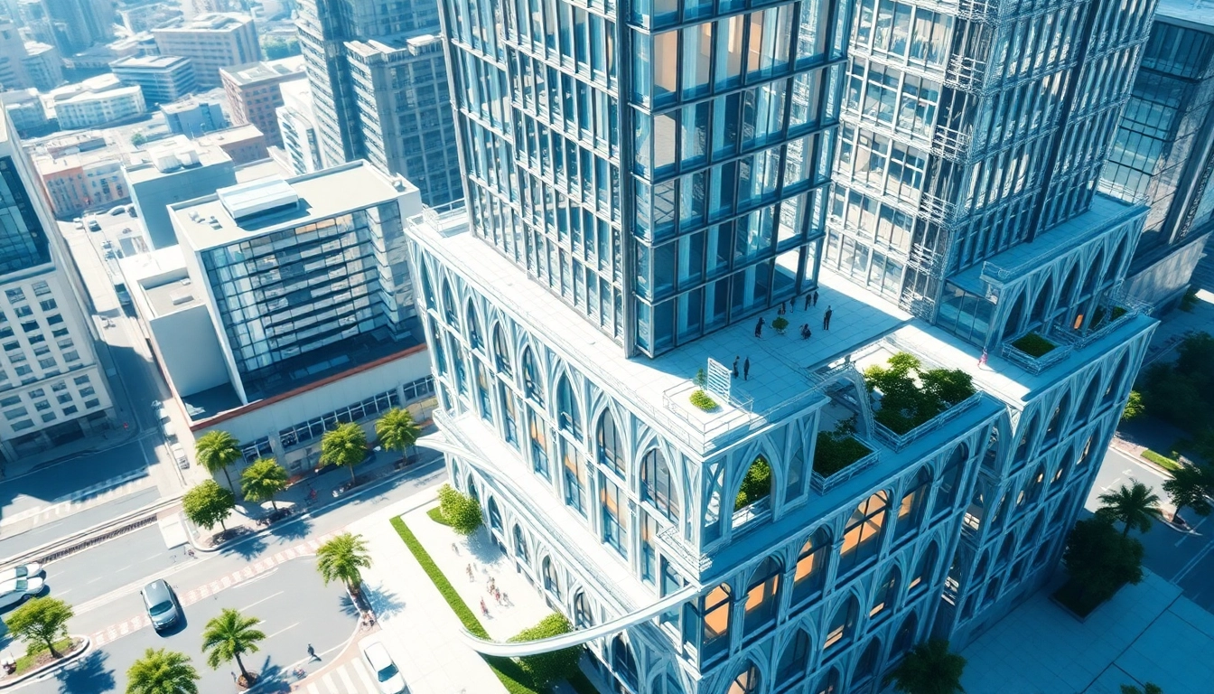 3D visualisierung architektur eines modernen Gebäudes in urbaner Umgebung mit lebendiger Stadtlandschaft.