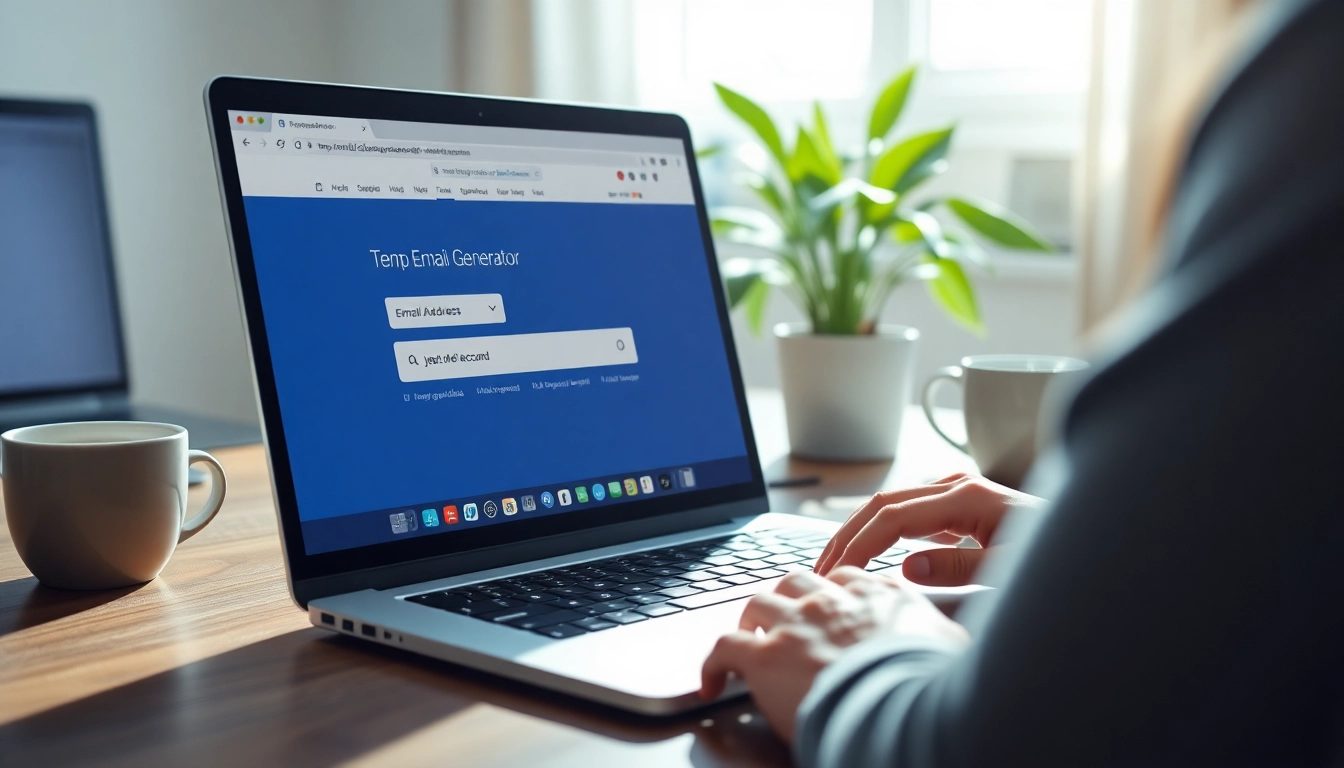 Generate a secure temp email quickly at a modern laptop in a cozy office setting.