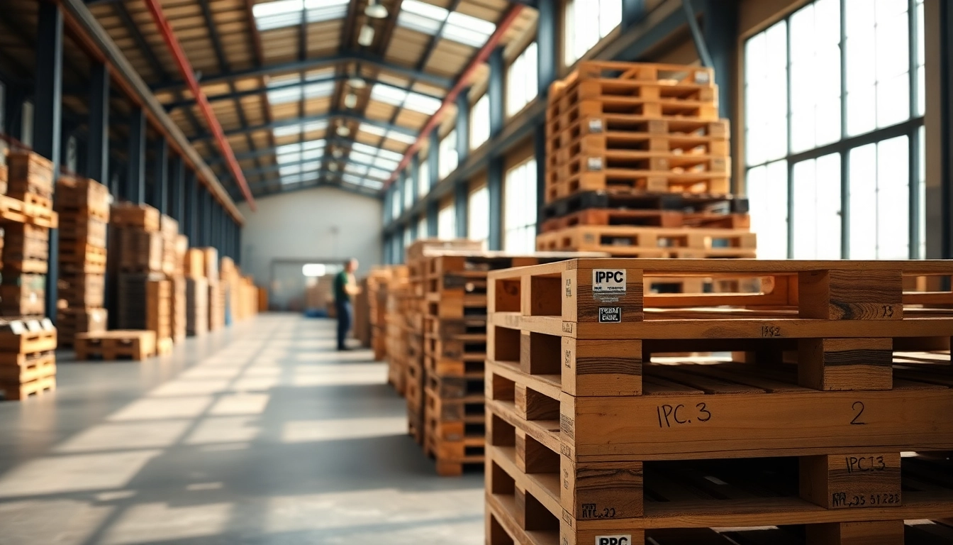 Showcasing IPPC certified pallets Europe stacked in a structured warehouse environment with natural light.