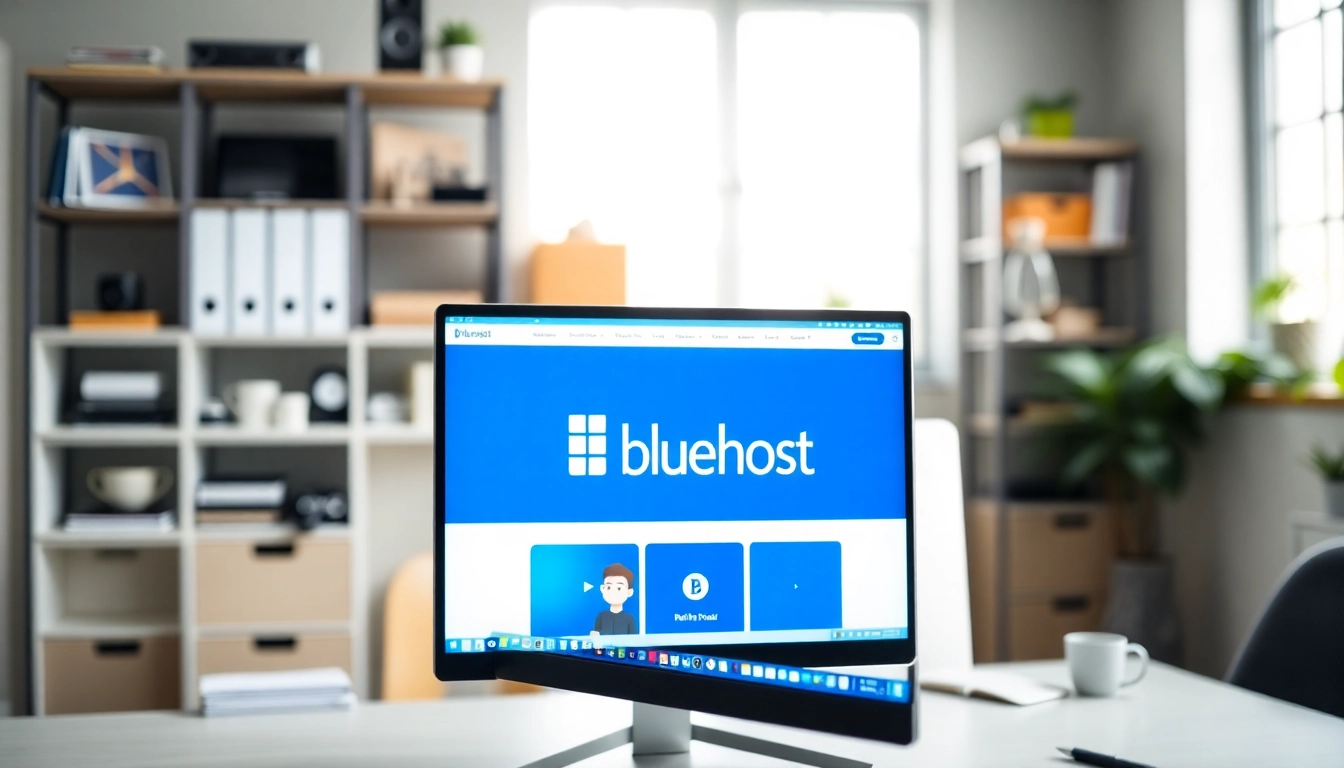 Engaging web hosting setup displaying Bluehost logo on a sleek screen in a professional environment.